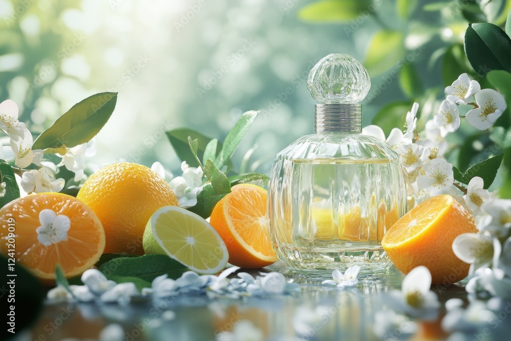 Fresh Citrus Perfume Bottle Surrounded by Oranges and Blossoms Fresh Citrus Perfume Bottle Surrounded by Oranges and Blossoms