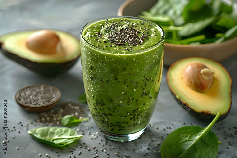 Fresh green smoothie with spinach, avocado and chia seeds in glass on gray background, healthy detox drink for breakfast or snack. Fresh green smoothie with spinach, avocado and chia seeds in glass on gray background, healthy detox drink for breakfast or snack.