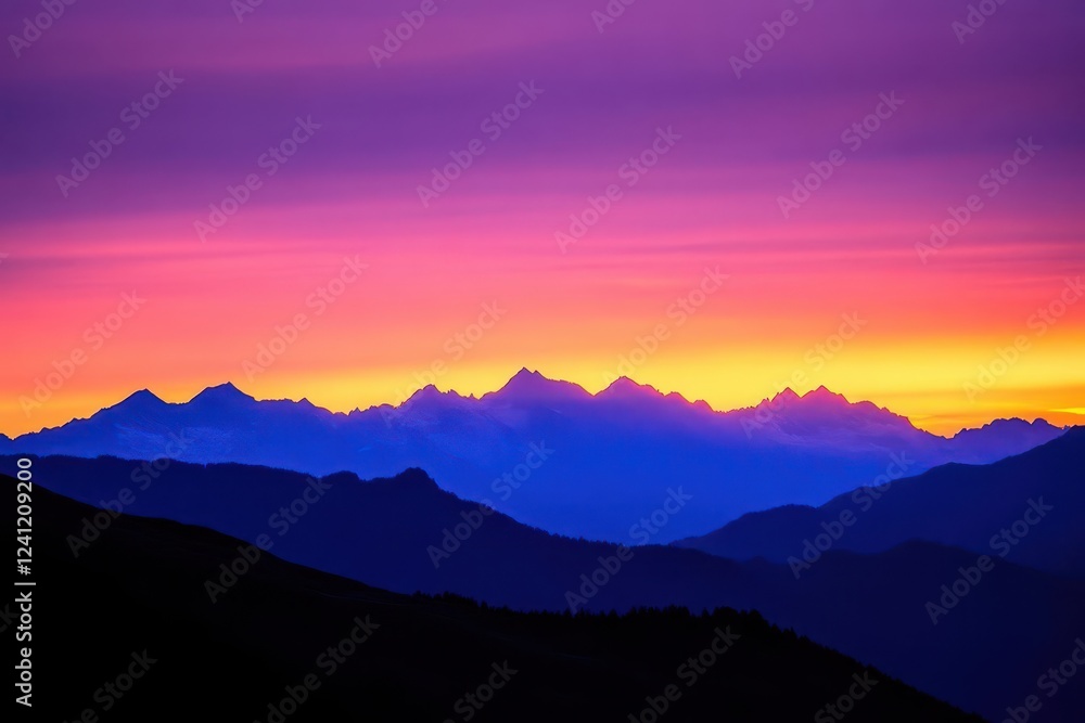Fototapeta premium mountain landscape at sunset, where the sky fades into vibrant oranges and purples, creating a harmonious blend with the majestic peaks silhouetted against the light
