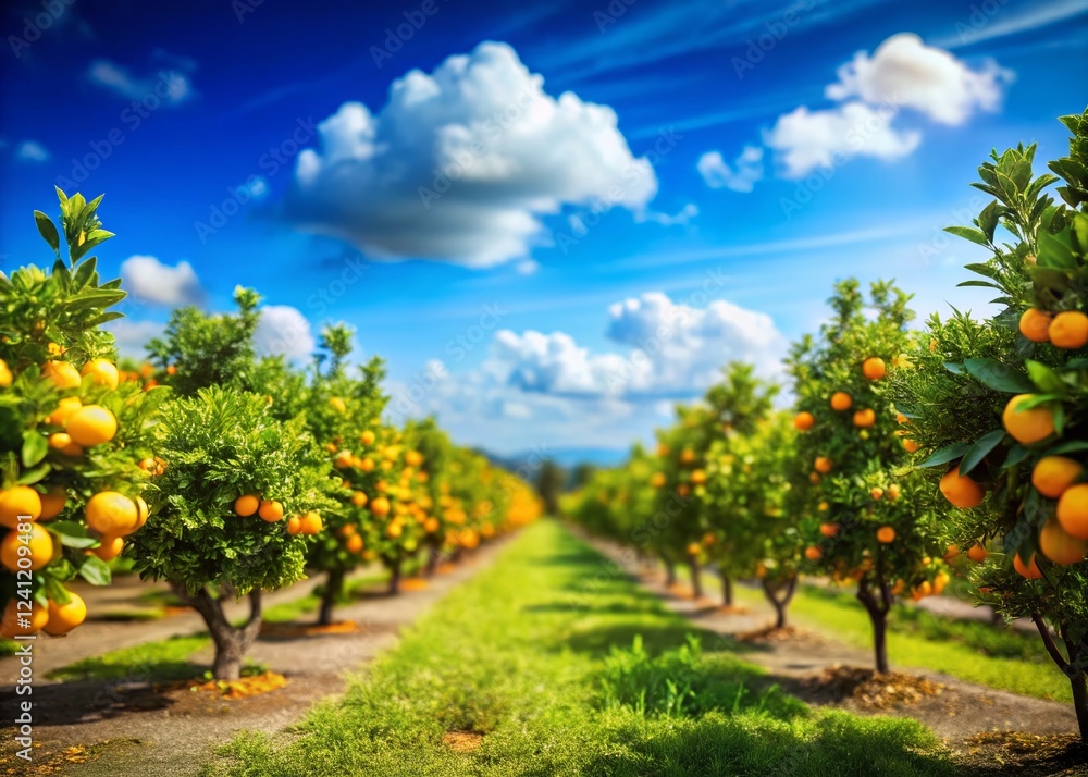 Fototapeta premium Serene Citrus Orchard in Full Bloom - Tilt-Shift Photography