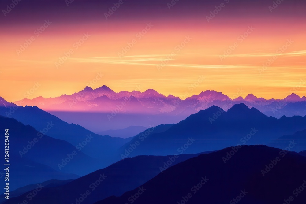 Obraz premium mountain landscape at sunset, where the sky fades into vibrant oranges and purples, creating a harmonious blend with the majestic peaks silhouetted against the light