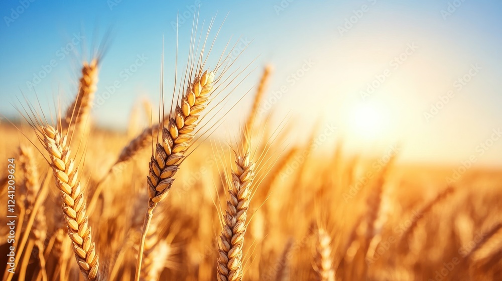 Warm golden wheat field stretching into the horizon under a clear blue sky perfect for themes of nature and abundance Warm golden wheat field stretching into the horizon under a clear blue sky perfect for themes of nature and abundance