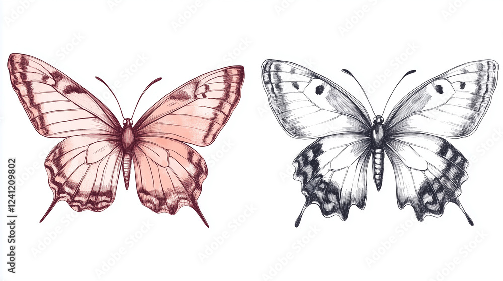 Two butterfly illustrations, one pink and the other gray, on a white background Two butterfly illustrations, one pink and the other gray, on a white background
