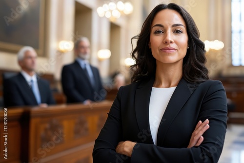 A confident female attorney stands with her arms crossed in the courtroom, emanating authority and professionalism as she prepares to advocate for her clients with passion.