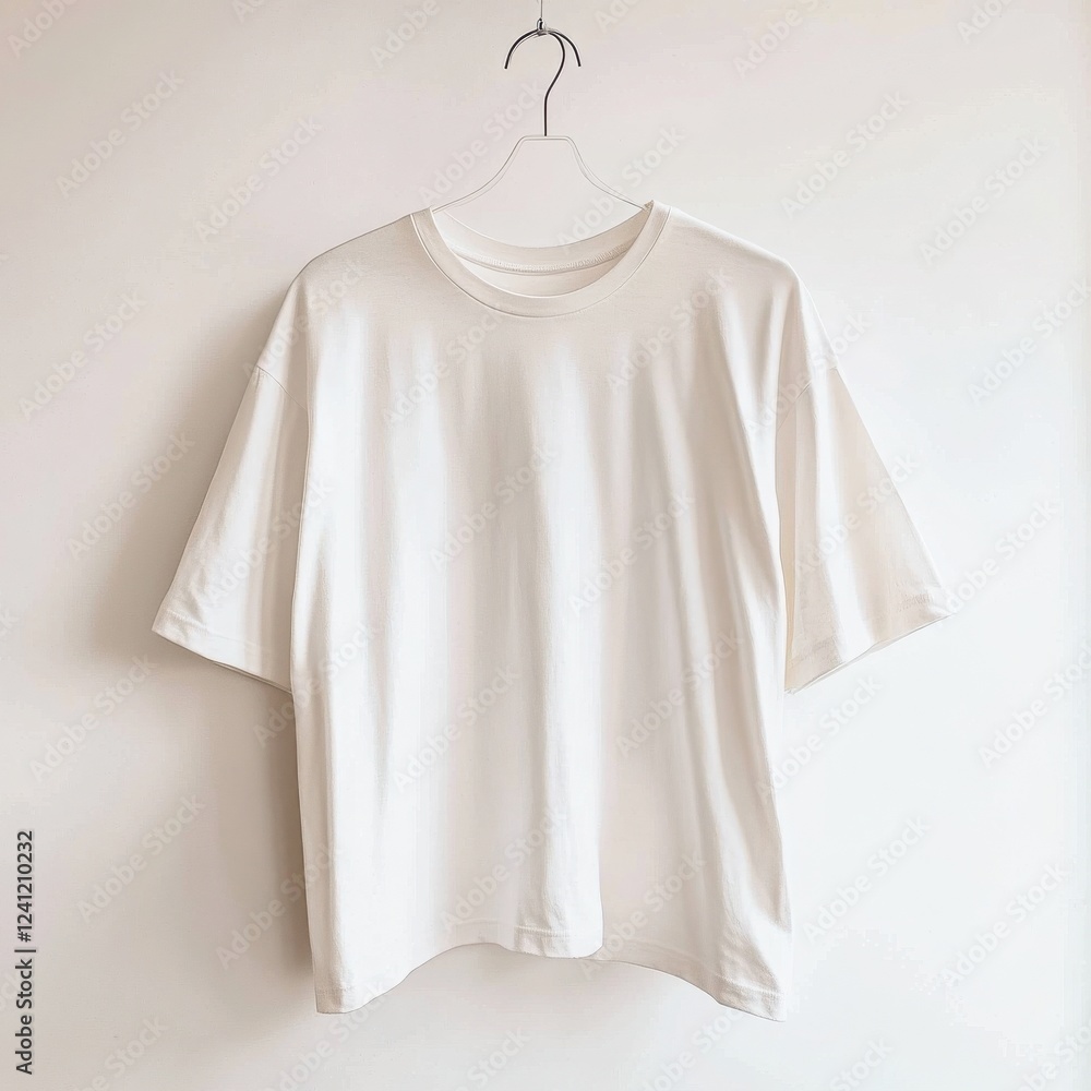 A plain white t-shirt hanging on a hanger against a minimalist background. A plain white t-shirt hanging on a hanger against a minimalist background.