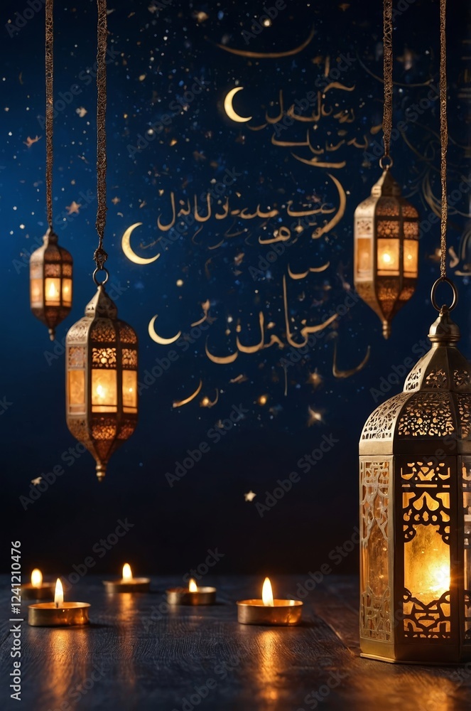 Fototapeta premium Decorative lanterns illuminate a serene evening with calligraphy and candles in a tranquil setting