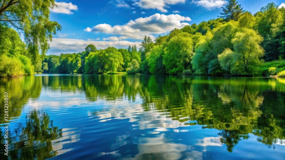 A serene reflection of nature with a clear water ripple on a calm lake surface, surrounded by lush greenery and towering trees , reflection, clear water A serene reflection of nature with a clear water ripple on a calm lake surface, surrounded by lush greenery and towering trees , reflection, clear water