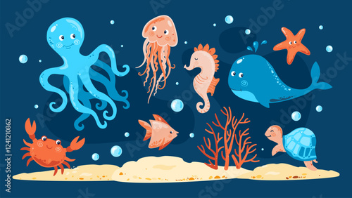 Ocean Animals. Sea life elements. Jellyfish, Crab, Turtle, Octopus, Fish, Coral, Starfish, Seahorse, Whale, Anchor. Childish Marine set with sea creatures for girls and boys Baby Shower and Birthday