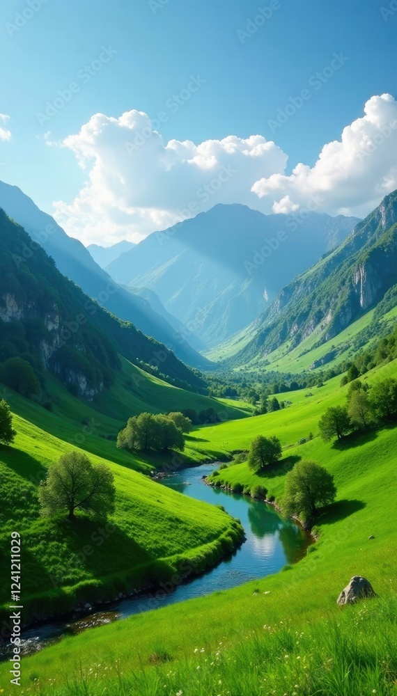 Obraz premium Rolling hills of emerald green, with a meandering river, pyrenees mountains, mountains