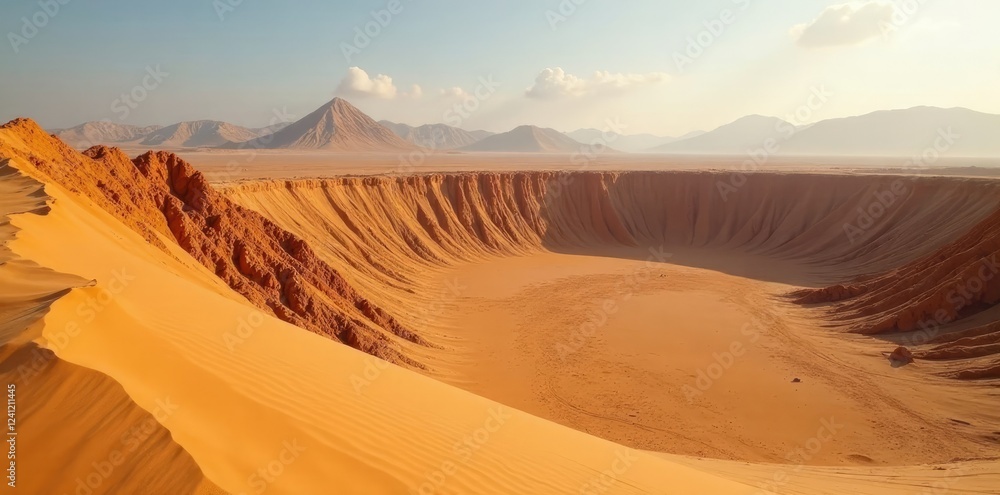 Naklejka premium Sandy dune wall sits in front of massive distant crater, sandy, scene, dune