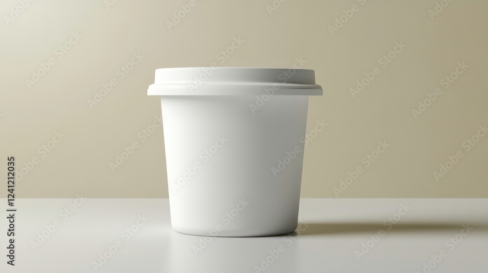 A plain white container with a lid, commonly used for food storage or takeaway. A plain white container with a lid, commonly used for food storage or takeaway.