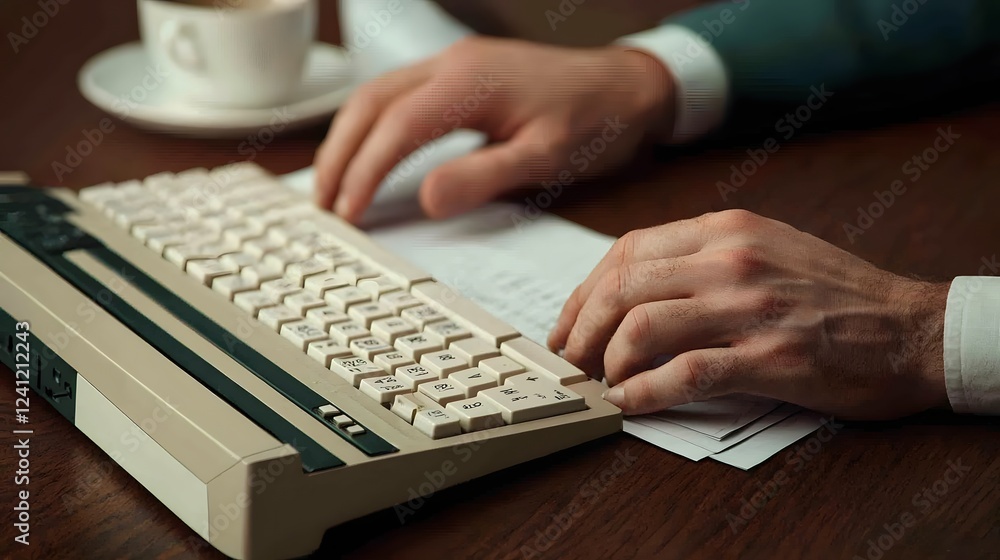 Man Typing on Keyboard with Financial Documents and Coffee Cup on Desk Man Typing on Keyboard with Financial Documents and Coffee Cup on Desk
