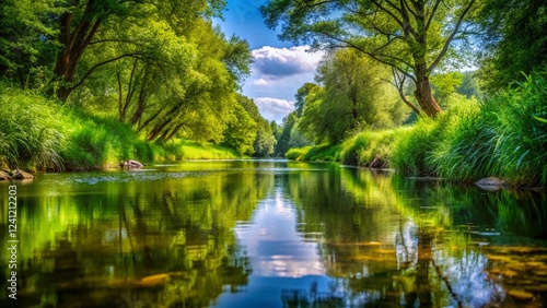 Serene River Creek: Tranquil Waters & Lush Green Banks - Stock Photo