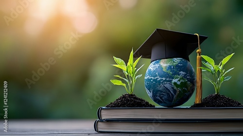Miniature globe with a graduation cap sitting next to sprouting green plants on books symbolizing the connection between education learning and environmental growth and sustainability