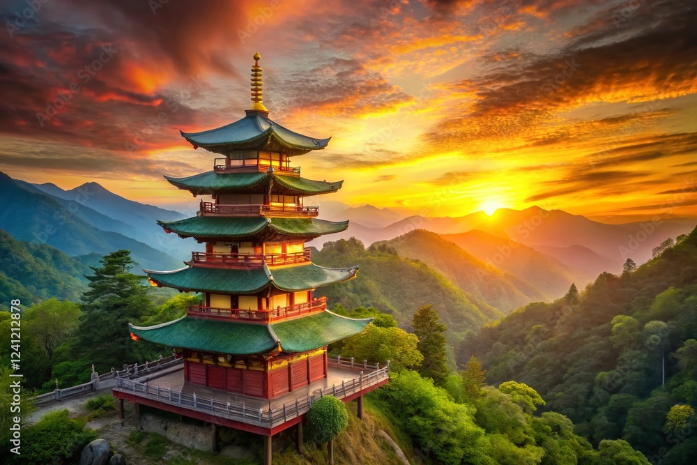 Serene Sunset Pagoda: Tranquil Mountain Valley Digital Art Serene Sunset Pagoda: Tranquil Mountain Valley Digital Art