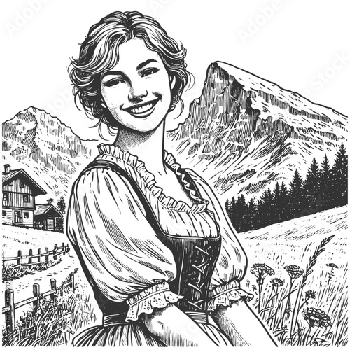 woman in traditional dress standing in a scenic alpine meadow with mountains, houses, and trees in the background sketch engraving generative ai vector illustration. Scratch board. Black and white.