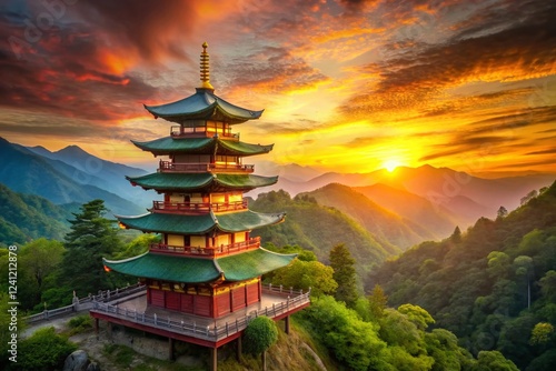 Wallpaper Mural Serene Sunset Pagoda: Tranquil Mountain Valley Digital Art Torontodigital.ca
