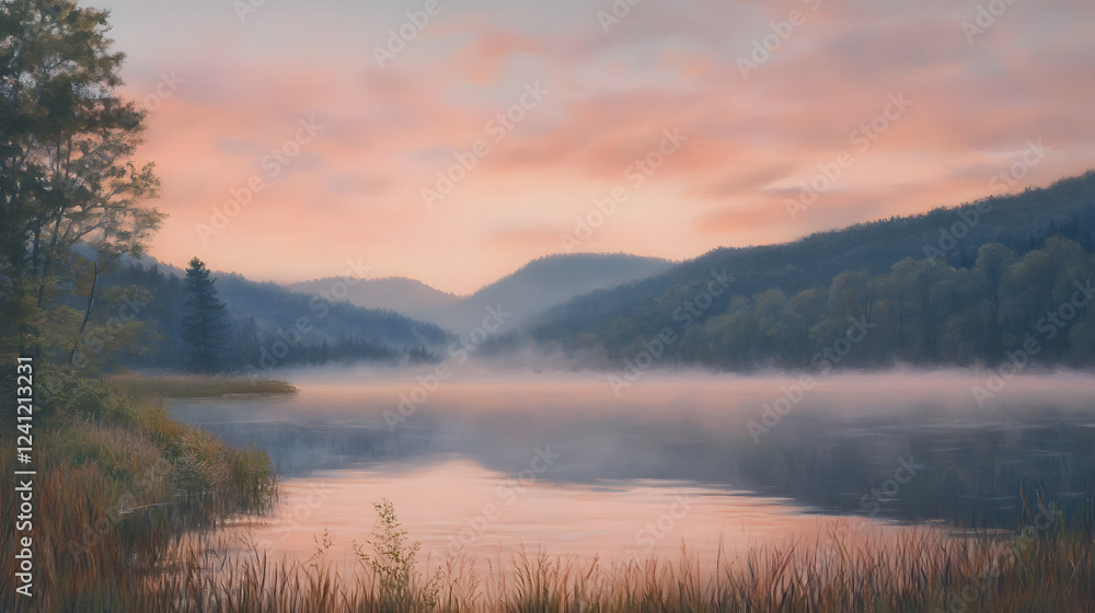 Fototapeta premium A soft apricot-colored mist covering a calm mountain landscape at dawn.