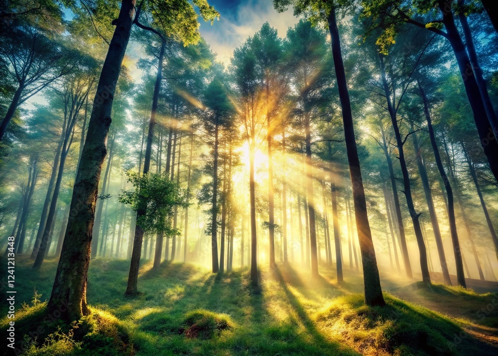 Fototapeta premium Sun Dappled Forest Double Exposure: Mystical Woods and Golden Light Stock Photo
