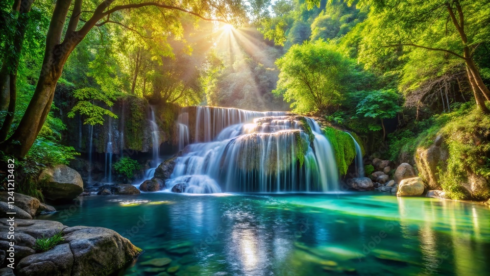 Serene Waterfall Cascade into Tranquil Pool, Lush Greenery, Sunlight Serene Waterfall Cascade into Tranquil Pool, Lush Greenery, Sunlight
