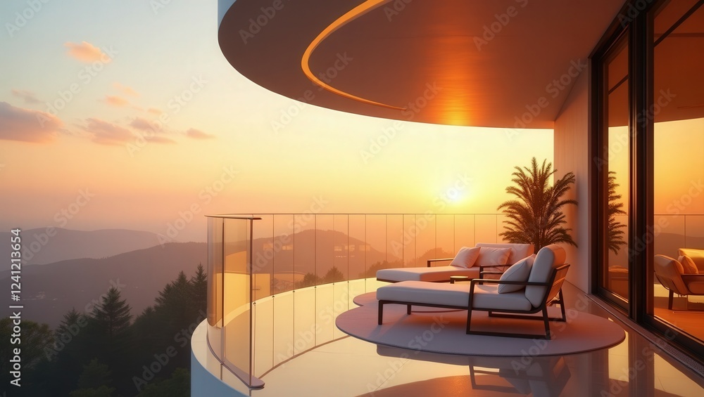 Fototapeta premium Futuristic design of modern Balcony at Golden Hour, cinematic photography