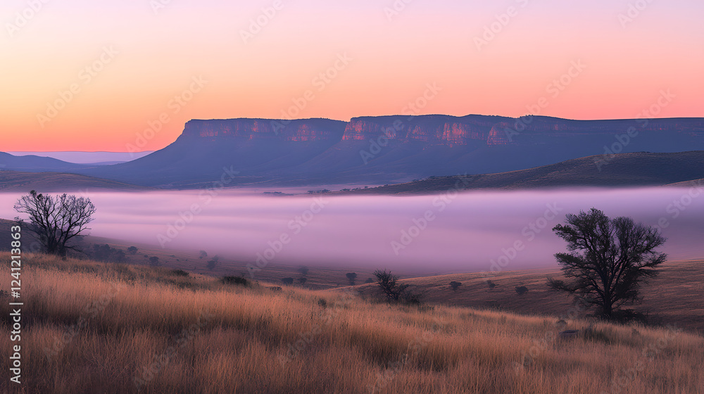 Fototapeta premium A soft apricot-colored mist covering a calm mountain landscape at dawn.