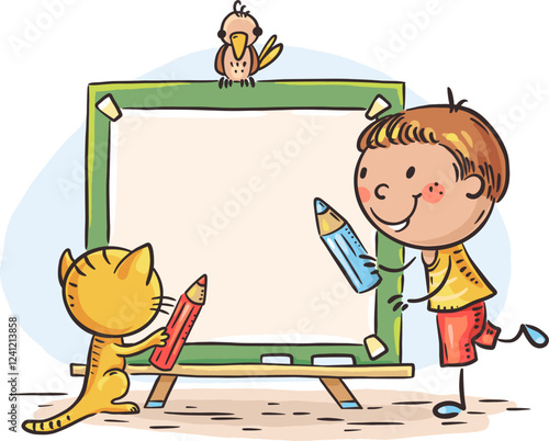 Cute cartoon boy drawing on whiteboard. Creative activity, kindergarten kids education