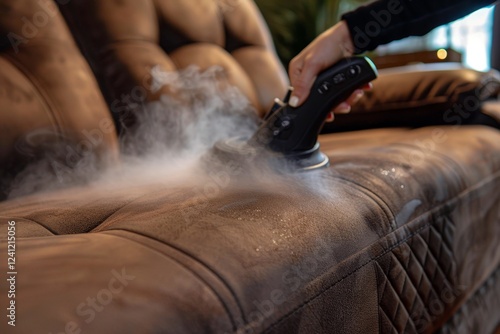 Handheld steam cleaner sanitizes suede recliner, visibly lifting dust and dirt effortlessly photo