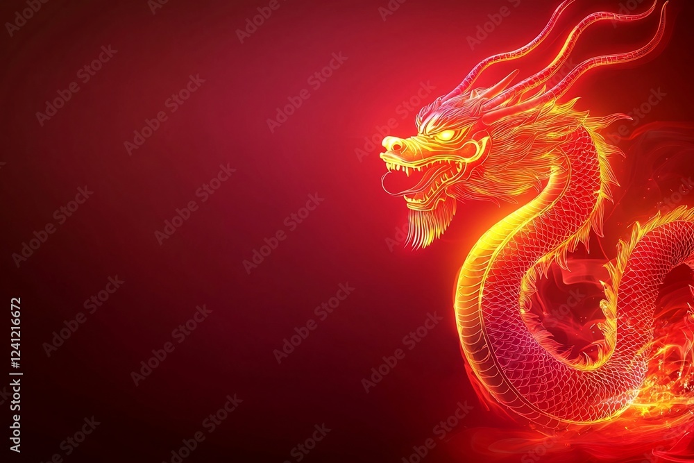 Obraz premium Futuristic Glowing Digital Dragon in Vibrant Neon Red and Gold