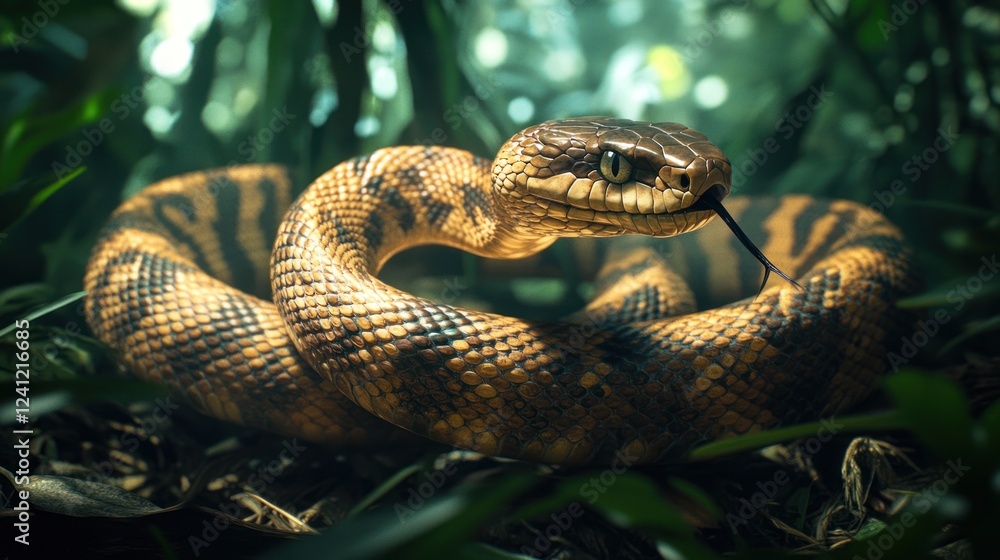 Intricately patterned snake resting among vibrant foliage in a lush jungle environment. Generative AI Intricately patterned snake resting among vibrant foliage in a lush jungle environment. Generative AI