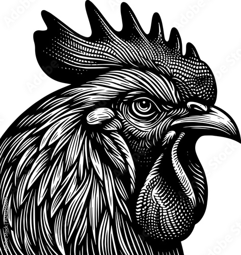 Black and white illustration of a rooster close-up: details and texture in linocut style. Proud symbol of the farm.