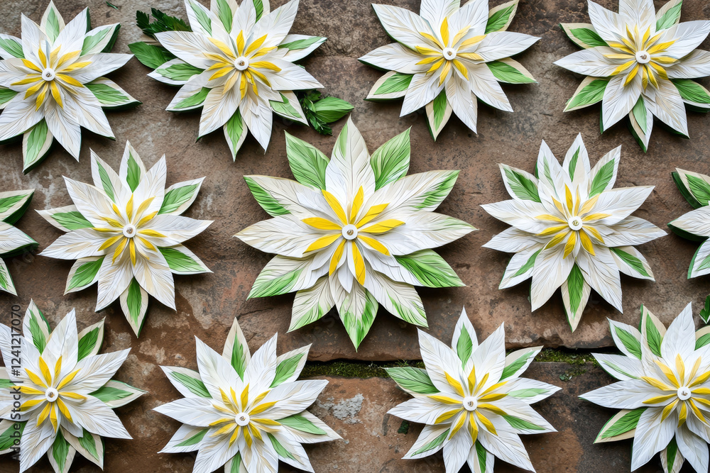 Obraz premium Intricate paper flowers, white and yellow, arranged on a stone surface.