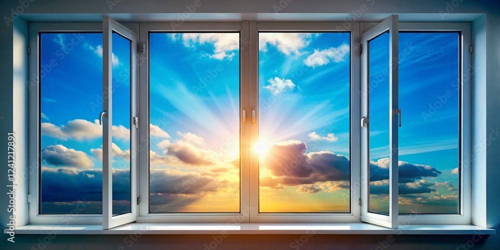 Fototapeta premium Silhouette of Open PCV Windows Against a Bright Sunny Sky