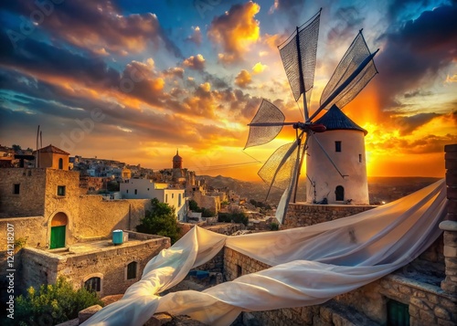 Surreal Jerusalem Windmill: Whimsical Dreamscape at Sunset