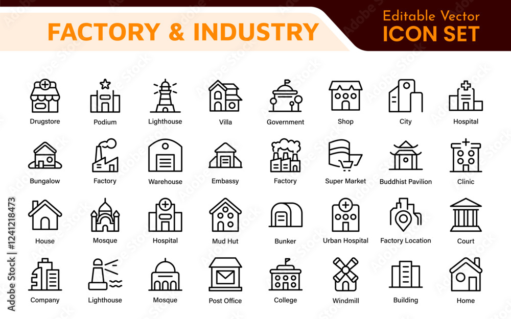 Factory Icon Set. A dynamic collection of icons representing manufacturing and industrial processes, perfect for engineering sectors to convey efficiency and innovation. Factory Icon Set. A dynamic collection of icons representing manufacturing and industrial processes, perfect for engineering sectors to convey efficiency and innovation.