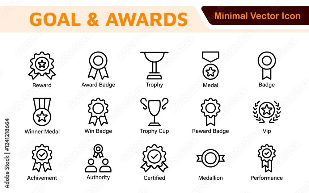Fototapeta premium Goal and Awards Icon Set. A motivational collection of icons designed to celebrate achievements and aspirations, perfect for personal development, coaching, and recognition.
