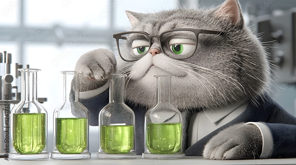 Playful scene of a curious cat acting as a scientist mixing colorful glowing liquids in test tubes and beakers in an imaginative fantasy laboratory setting