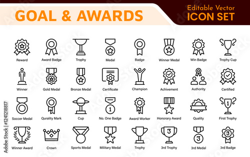 Goal and Awards Icon Set. A motivational collection of icons designed to celebrate achievements and aspirations, perfect for personal development, coaching, and recognition.