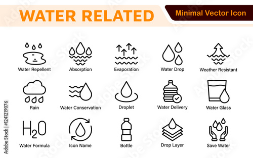 Water Related Icon Set. A refreshing collection of icons showcasing water conservation, aquatic life, and hydration, perfect for water awareness and sustainability.