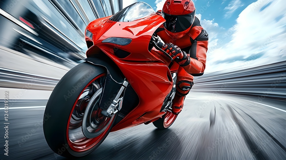 Professional motorcycle racer leaning into a tight curve on a modern high performance superbike with visible tire marks on the asphalt surface of the racetrack showcasing the speed Professional motorcycle racer leaning into a tight curve on a modern high performance superbike with visible tire marks on the asphalt surface of the racetrack showcasing the speed