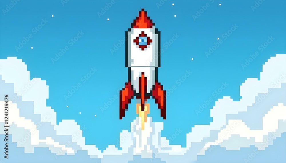 Cartoon rocket launching through clouds on blue sky Cartoon rocket launching through clouds on blue sky