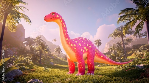 Quaesitosaurus a captivating prehistoric creature stands tall and proud amid a lush verdant tropical landscape filled with towering palm trees and vibrant foliage in this dynamic 3D digital