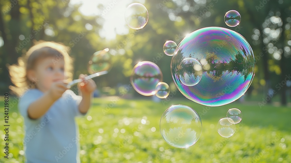 Child enjoys blowing bubbles in a sunny park with vibrant green grass and trees in the background. Generative AI Child enjoys blowing bubbles in a sunny park with vibrant green grass and trees in the background. Generative AI