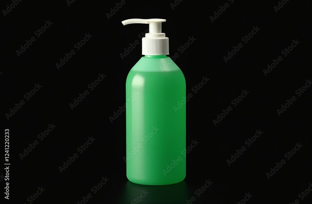 Green plastic pump bottle with a white dispenser, isolated on a black background for product packaging and branding design Green plastic pump bottle with a white dispenser, isolated on a black background for product packaging and branding design