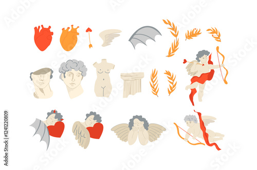 Set of various antique greece and roman sculptures and angels. Vintage and bohemian mythical ancient elements on isolated background. Vector flat hand drawn illustration