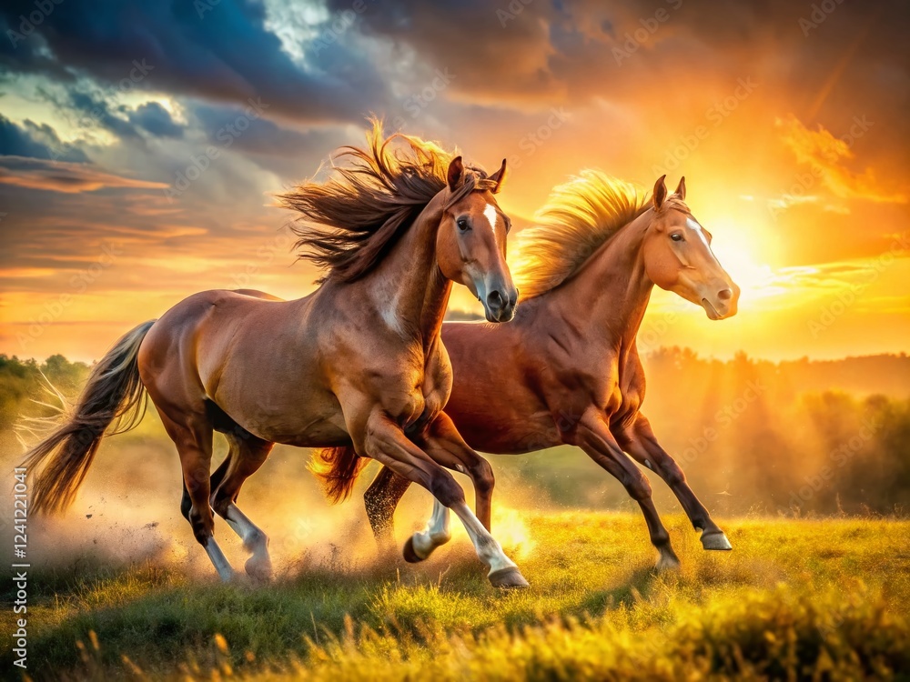 Obraz premium Slow Motion Horses Couple Aerial Photography: Romantic Equestrian Scene