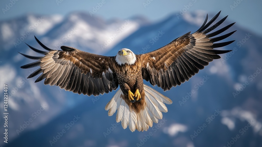 Naklejka premium Majestic eagle soaring over mountainous landscape with wings fully extended in bright daylight. Generative AI