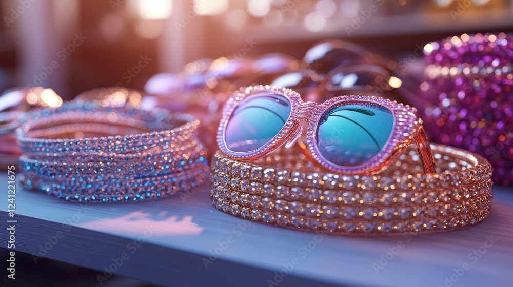 Fototapeta premium Colorful sunglasses and sparkling accessories displayed at a vibrant market during sunset. Generative AI