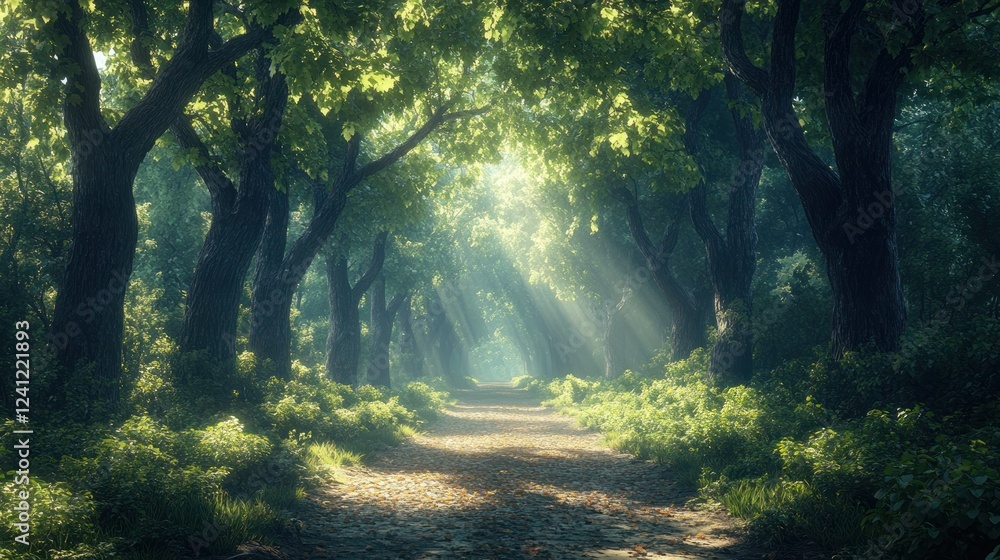 Obraz premium Sunlight filters through lush green trees in a tranquil forest path during a serene afternoon. Generative AI