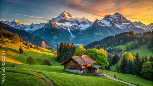 Wallpaper Mural Swiss Alps Farmhouse Panoramic: Idyllic Mountain Valley Scene Torontodigital.ca
